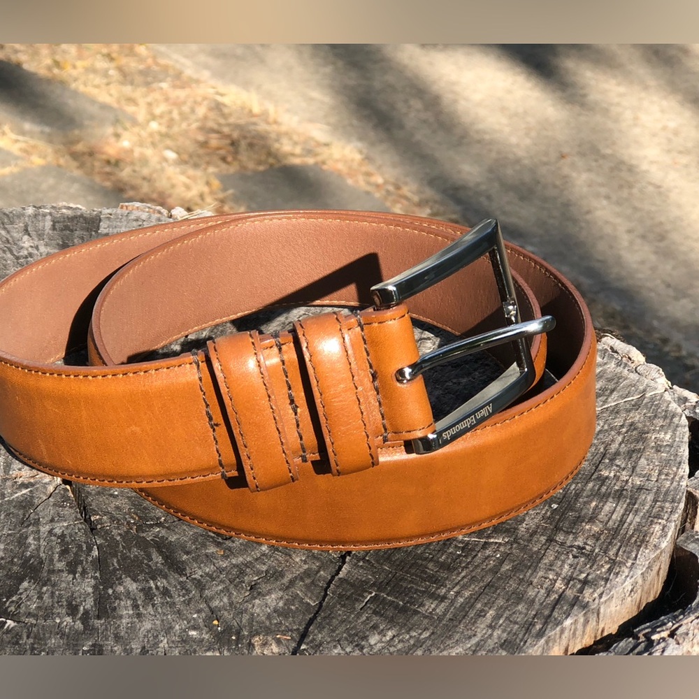 Allen Edmonds Mens Tan Leather Belt with Polished Silver Buckle NWOT